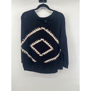 Lucky Brand Womens XL Black Cream Geometric Diamond Linen Cotton Knit Sweater